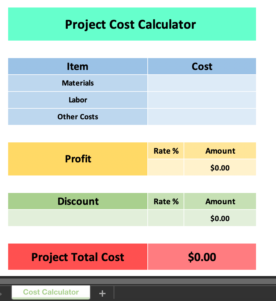 project costing excel template